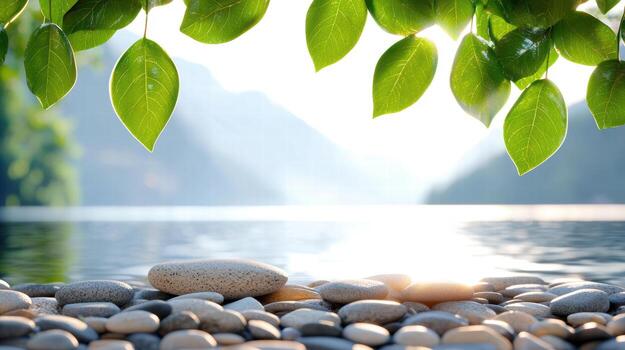 serene lakeside view with gentle ripples and smooth stones photo
