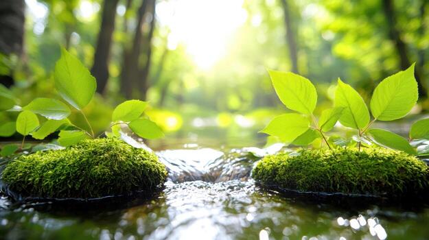 serene forest stream with moss covered rocks and vibrant leaves photo