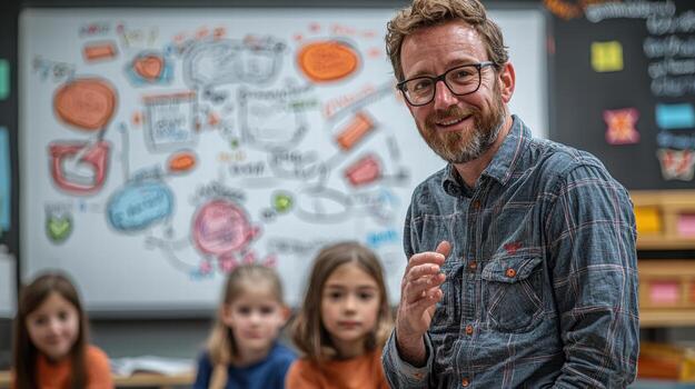teacher explaining concepts on whiteboard to small group of students photo