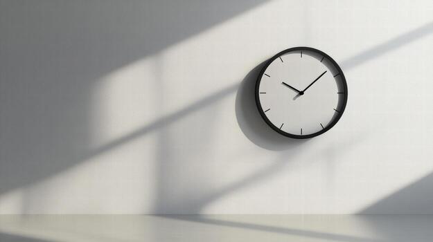 sleek modern clock casting shadows on minimalist wall photo