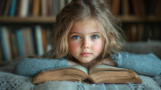 child reading book in cozy library nook, surrounded by books photo