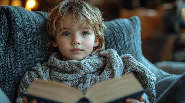child reading book in cozy library nook, feeling relaxed and content photo