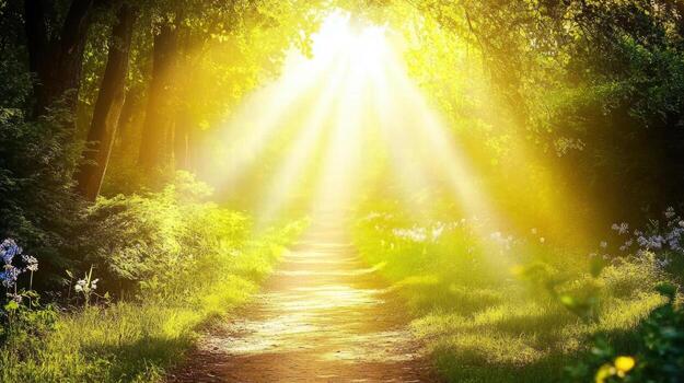 peaceful forest path illuminated by sunlight, inviting mindfulness and tranquility photo