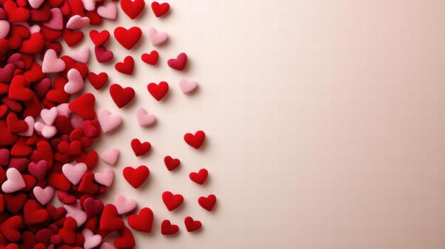 Colorful hearts in red and pink scattered on soft background photo