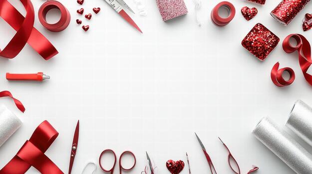 Craft materials arranged with scissors, ribbons, and glitter for creative projects photo