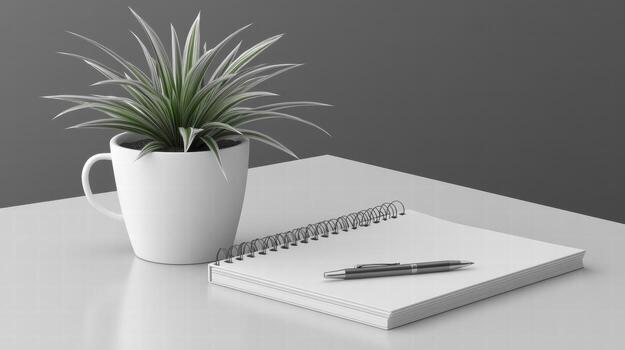 minimalist workspace featuring notebook, pen, and plant photo