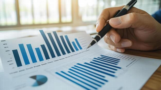 Business analyst presenting predictive AI analytics with charts and graphs photo