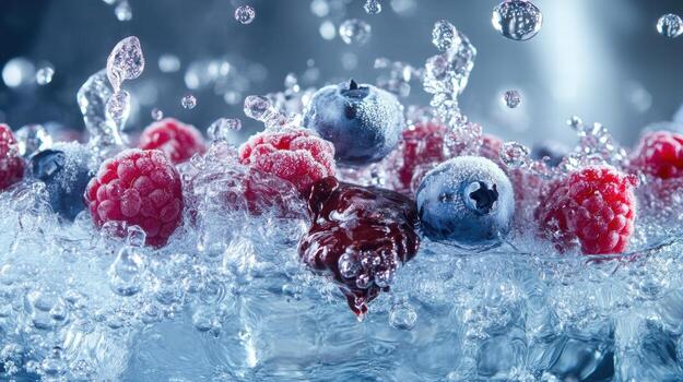 Water and berries are splashing in the air photo