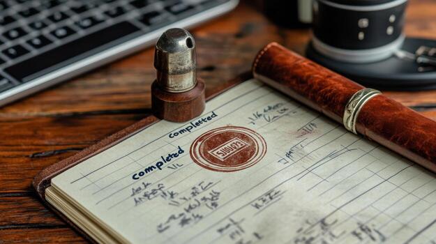 A notebook with a pen and a camera on a desk photo