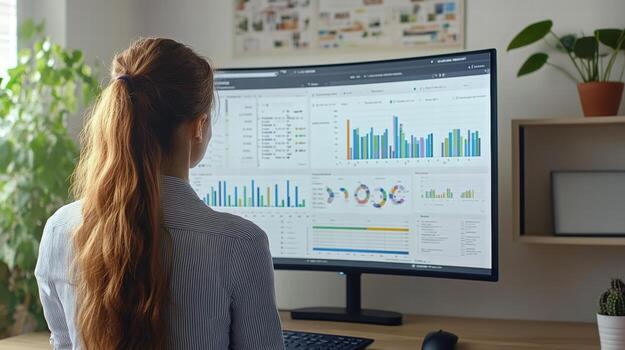 woman analyzing data on digital marketplace dashboard with graphs photo