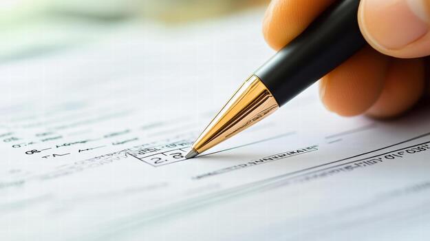 A person's hand writing on a document photo