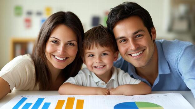 family smiling as they review chart showing their progress together photo