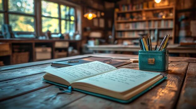 neat workspace with open notebook and writing tools, inviting creativity photo