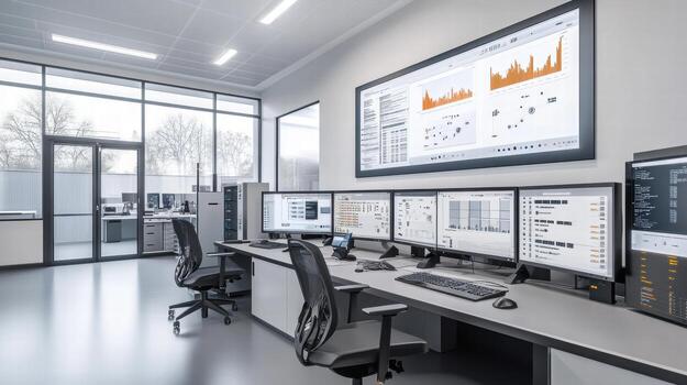 A large control room with multiple monitors and computers photo