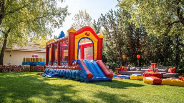 A backyard with a bouncy castle, slide and other toys photo