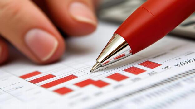 A person is holding a red pen over a graph photo