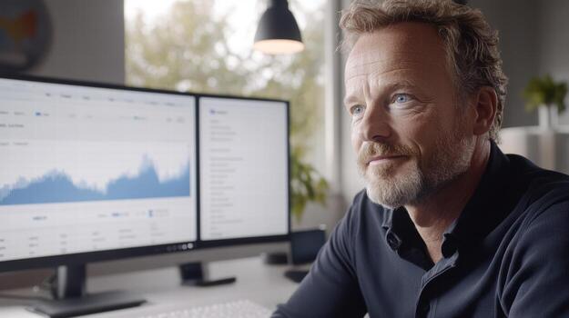 A man sitting at a desk with two monitors showing graphs photo