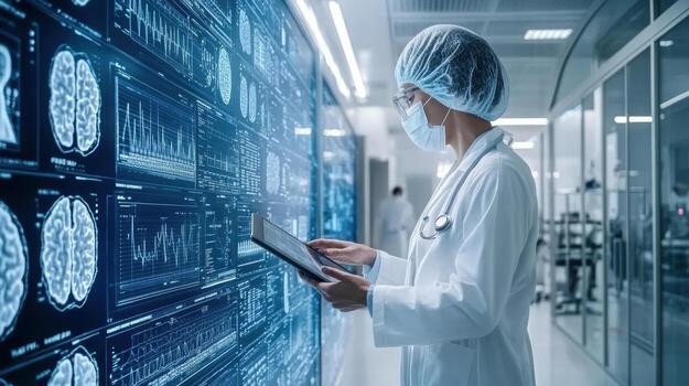 A doctor in a lab coat is looking at a tablet photo