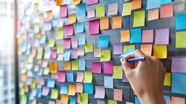 Creative professionals brainstorming ideas on sticky notes photo