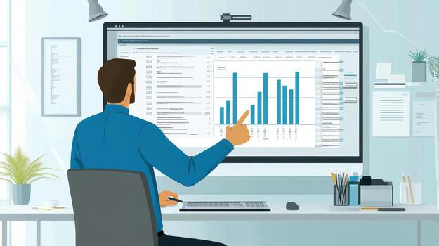 project manager analyzing data on large screen photo