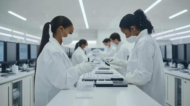 Laboratory workers conducting experiments with precision tools photo