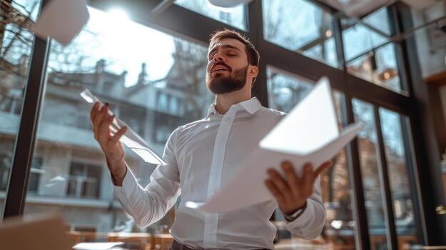 Stressed worker managing multiple tasks in busy office photo