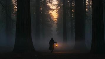 uma pessoa caminhando através uma floresta com uma lanterna video