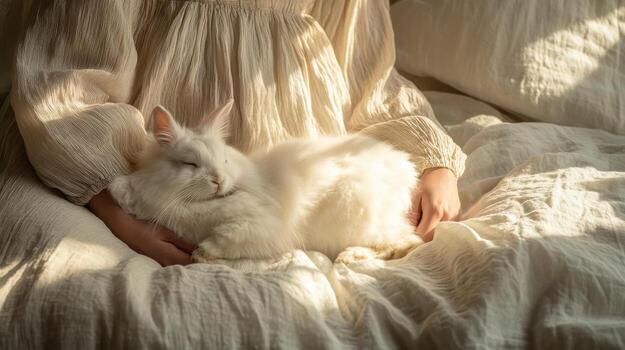Cozy cat resting in soft sunlight on bed with gentle fabric photo