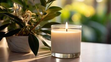vela, flores e luz solar em mesa com sereno ambiente para relaxamento, aromaterapia ou casa decoração dentro pacífico natural configuração dentro de casa video