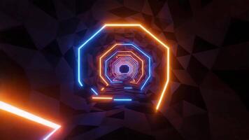 futurista túnel com brilhando néon luzes, geométrico estrutura e Sombrio abstrato fundo para imersivo cyber ou virtual realidade tecnologia conceito video