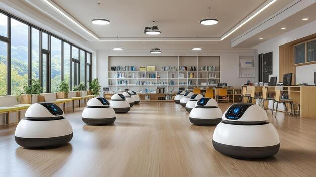 Robots assisting in modern classroom for educational tasks photo