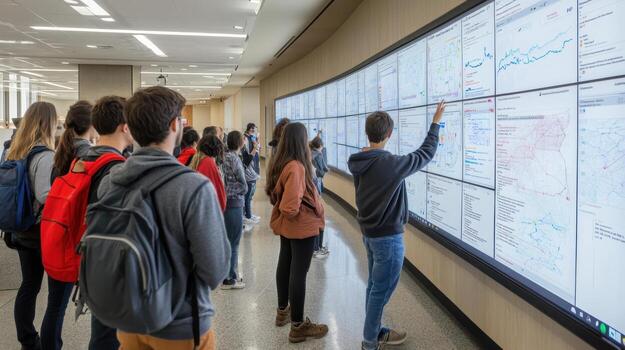 Students engage with collaborative digital whiteboards in modern learning space photo