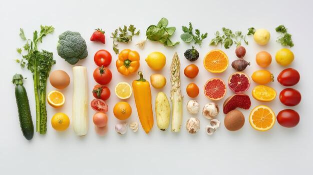 Fresh vegetables and fruits arranged in colorful display, showcasing variety photo