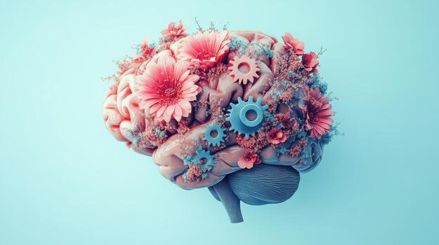 Illustrated brain with gears and flowers symbolizing creativity and growth photo