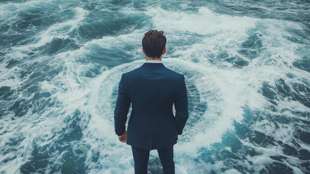 A man in a suit standing on the ocean waves photo