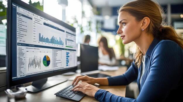 A woman is working on a computer with graphs on it photo