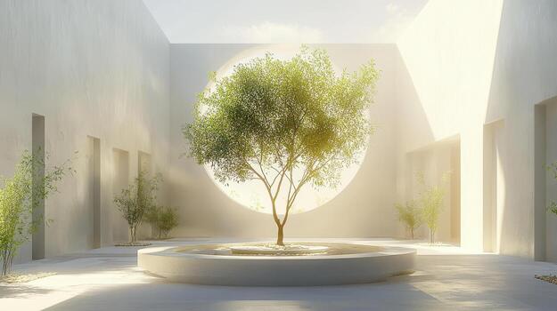 serene courtyard featuring central tree surrounded by minimalist architecture photo