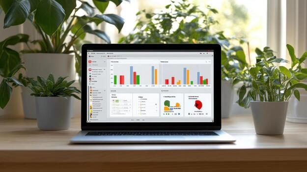 Dashboard with analytics and ad revenue displayed on laptop surrounded by plants photo