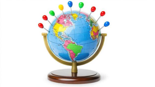 globe with colorful pins marking travel locations and adventures photo