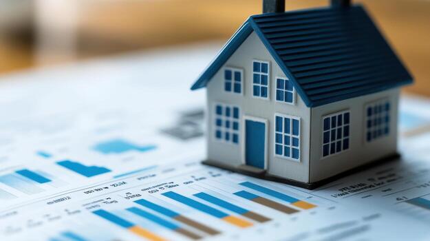 Digital analysis of rental trends with model house on charts photo