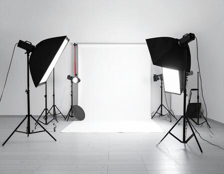 Photo studio with lighting equipment and white background