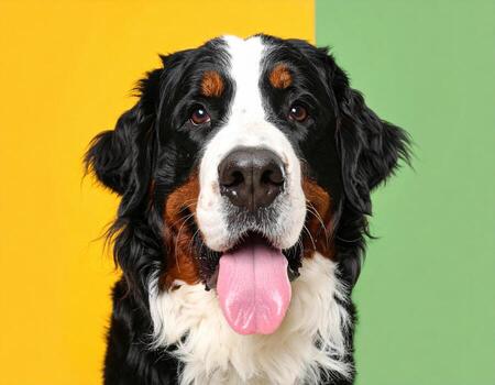 Funny Bernese mountain dog with joyful expression on vibrant color background, showcasing its playful nature photo
