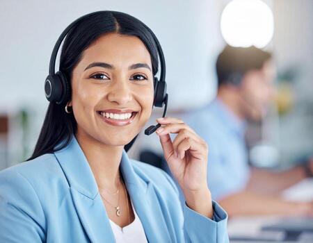 Customer service representative with headset, smiling confidently, showcasing professionalism and dedication modern office photo
