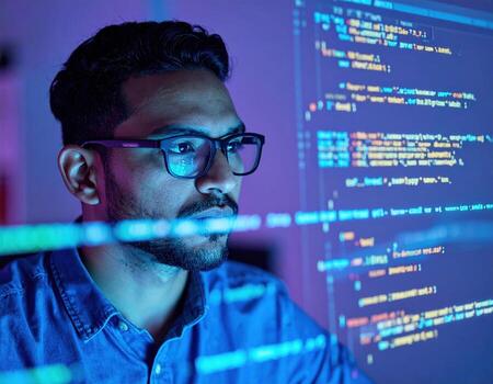 Programmer immersed in neon drenched digital realm, focused on high fidelity coding and technology photo