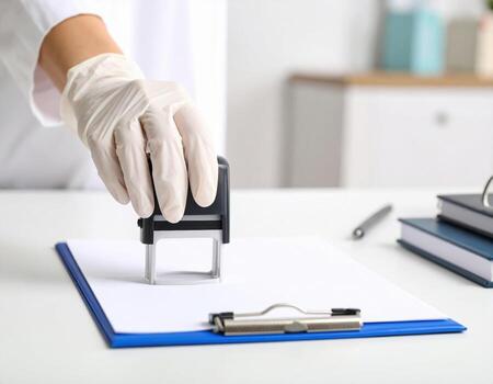 Hand meticulously clad in sterile white glove stamps official seal upon document, symbolizing authority and precision in professional setting photo
