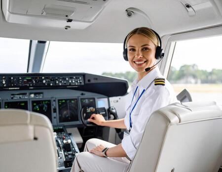 Determined pilot sits cockpit of private airplane, wearing headset and smiling confidently, ready for takeoff. high tech controls and instruments surround her, showcasing modern aviation photo