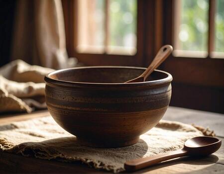 Rustic ceramic bowl sits elegantly on textured cloth, illuminated by soft natural light streaming through window. warm tones and handcrafted details evoke sense of warmth and simplicity photo