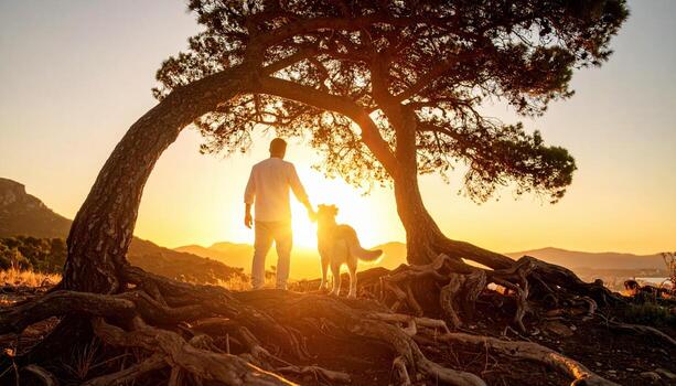 Man and dog share moment under large tree, silhouetted against stunning sunset. Their bond is as strong as roots of tree, symbolizing companionship and connection photo