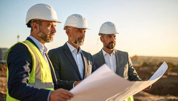 Engineers in hard hats and safety vests examine blueprints at construction site, their expressions focused and determined as they plan for project ahead photo