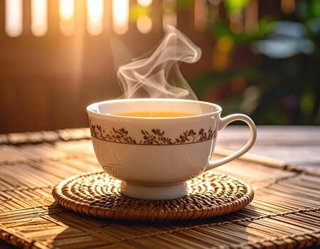 Steaming cup adorned with delicate floral patterns rests on coaster crafted from natural materials, radiating warmth and comfort in soft sunlight photo